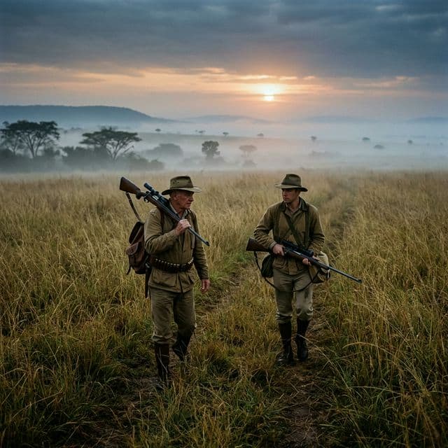 Two hunters in safari dress walking the open savanna at sunrise, rifles shouldered