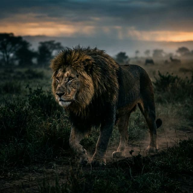 A maned lion walking through the savanna at dusk