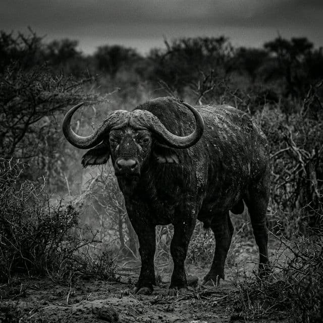 A black-and-white portrait of a Cape buffalo bull, heavy bosses and an unblinking stare