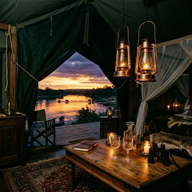 A luxury tented safari camp interior at dusk, brass lanterns lit, overlooking a river where elephants drink