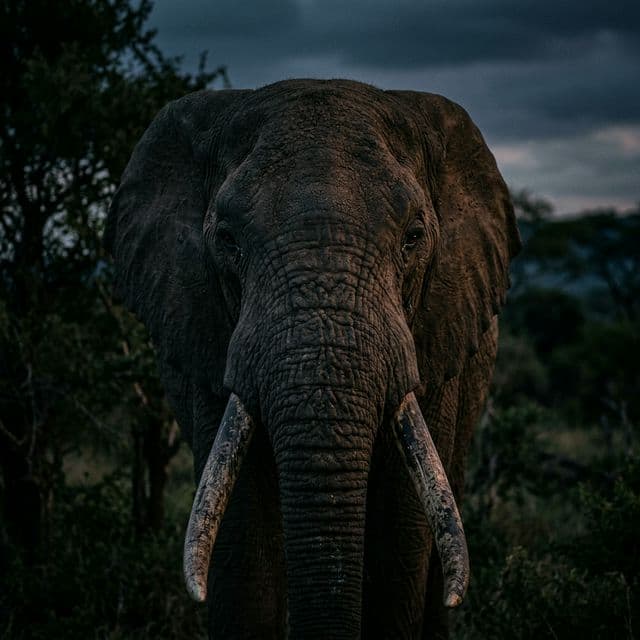 A large African bull elephant moving through dry bush